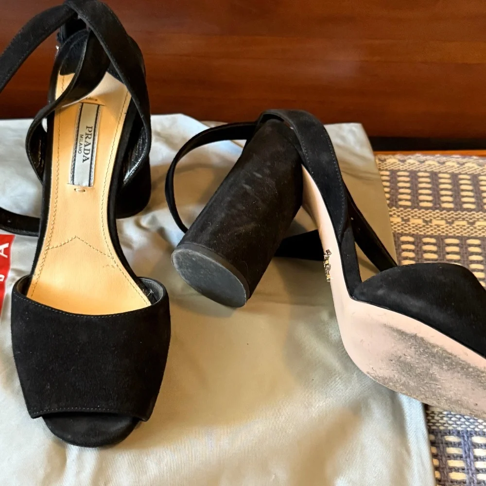 Prada Platform Suede, Cylinder-Shaped Heel, with ankle strap